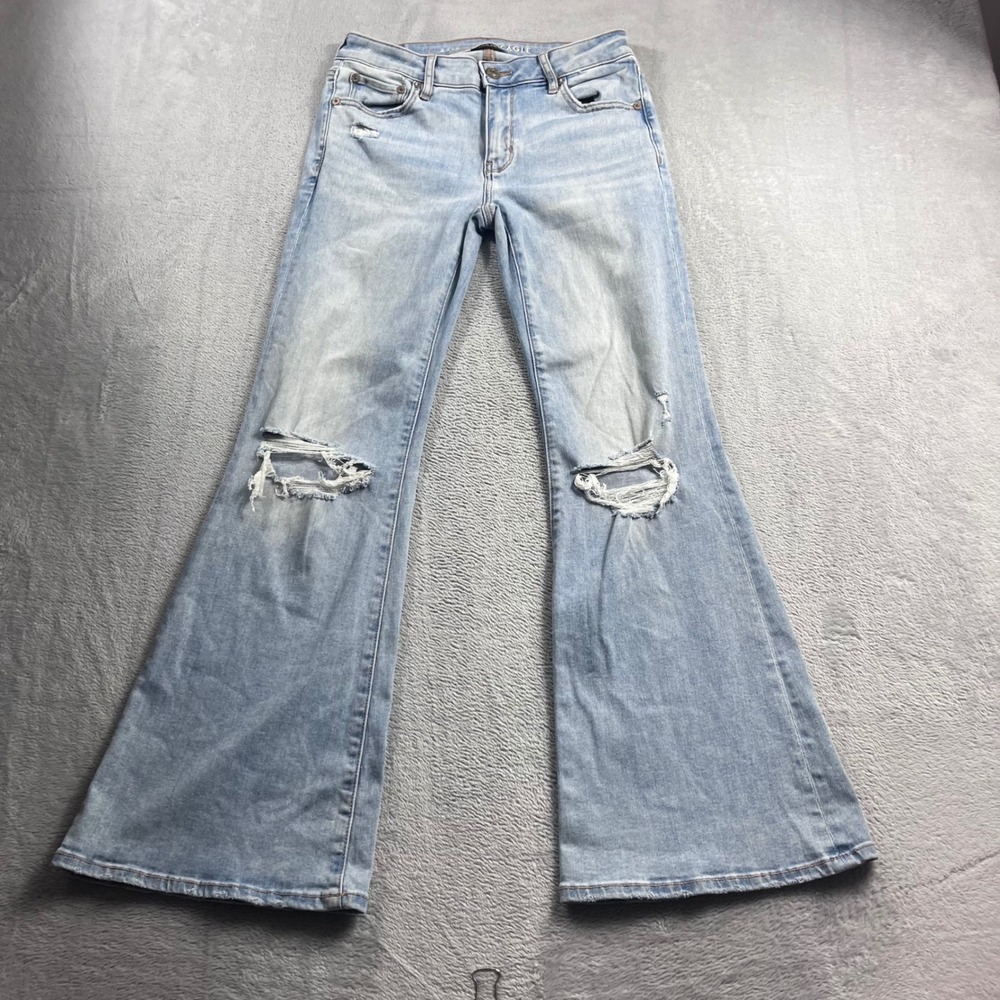 American Eagle Low Rise Flare Jeans Light Wash Distressed Next Level Stretch 2S